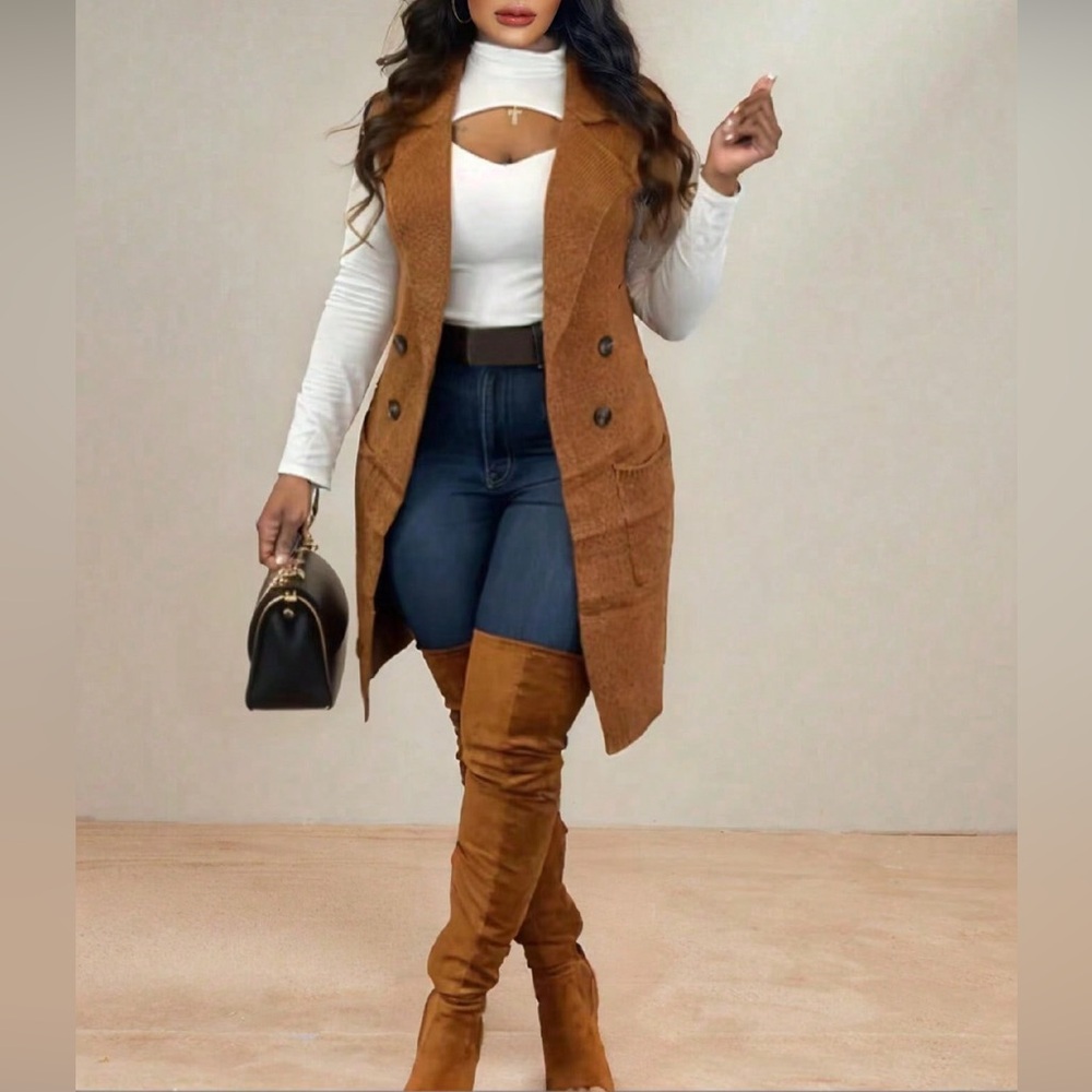 Stylish Tan Long Vest with Pockets